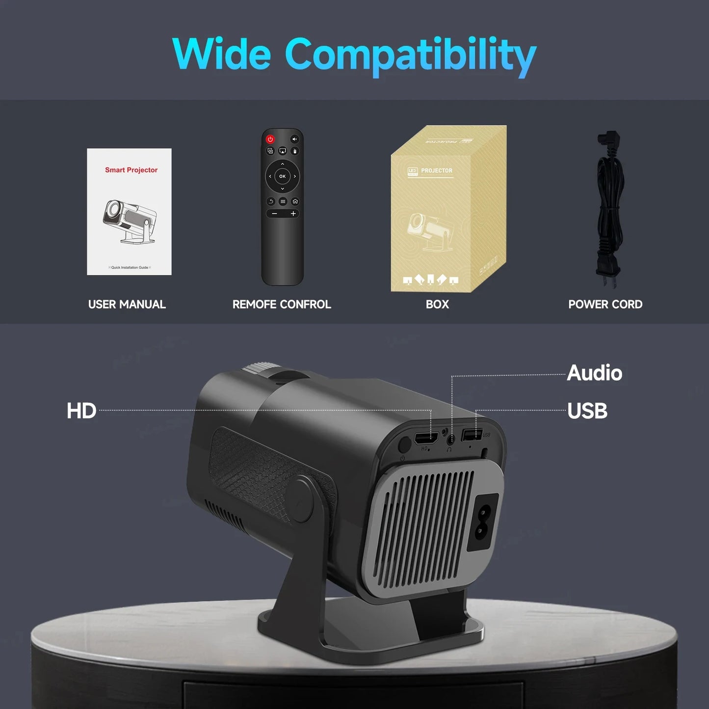 HY320 Mini Projector | Native 720P, Android 11, 4K Decode, 300 ANSI Lumens, WiFi 6, BT 5.0, Portable, 180° Rotatable, Outdoor & Home Cinema